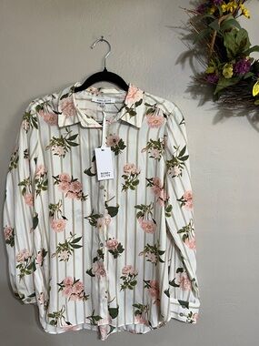 Rose & Olive Cream Floral Button-Up Blouse with Pink Roses